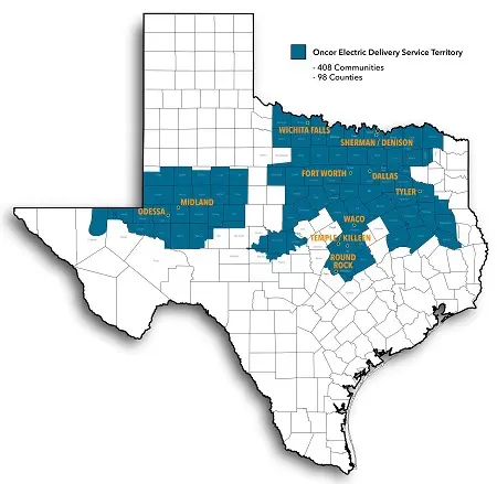 Mapa del área de servicio de Oncor.