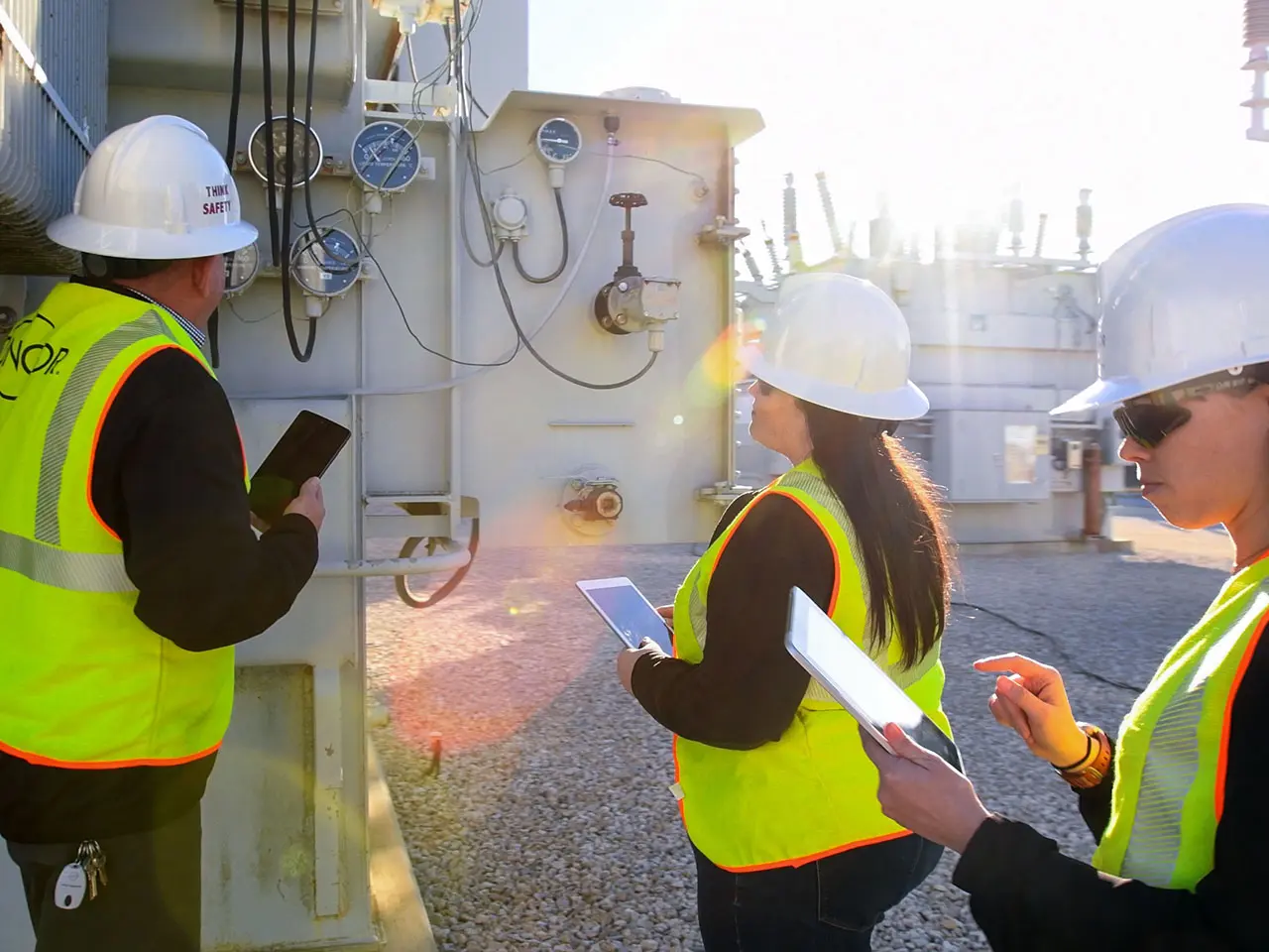 Tres empleados de Oncor con chalecos de seguridad revisan una maquinaria.