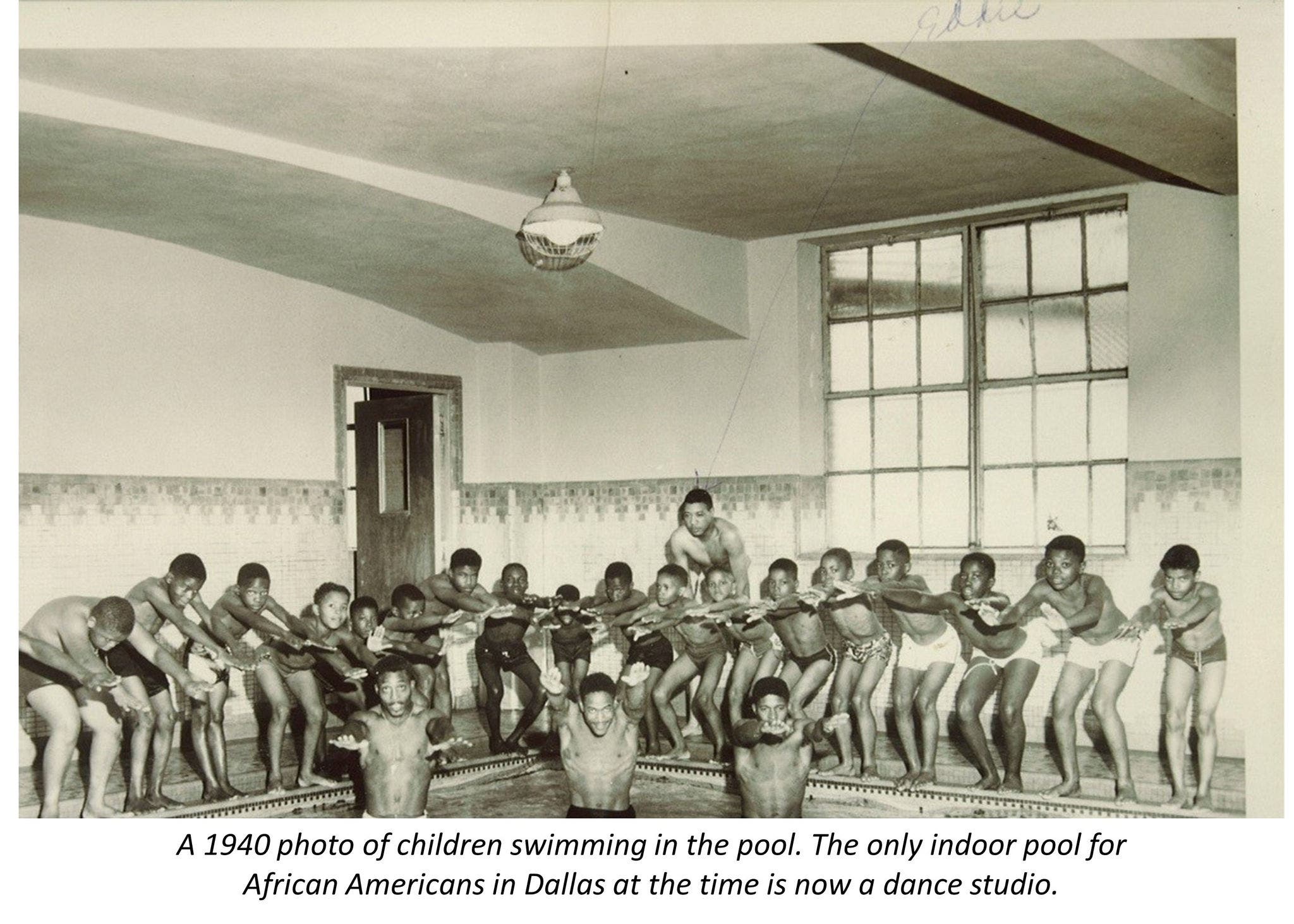 1940 picture of kids swimming in pool that is now a dance studio 