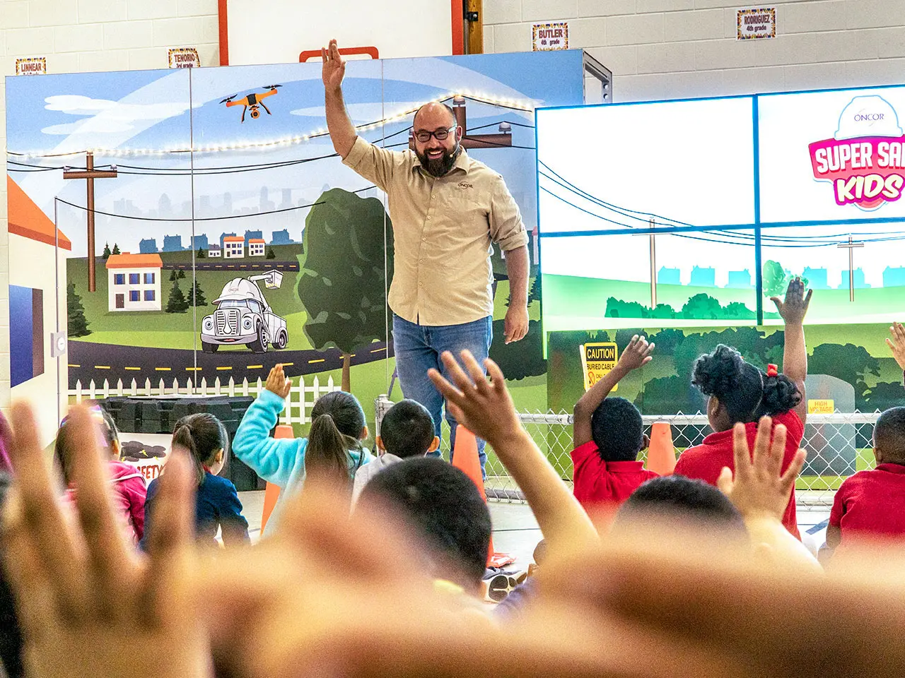 Oncor linemen teach Sunnyvale students about powerline safety during a Super Safe Kids demonstration.